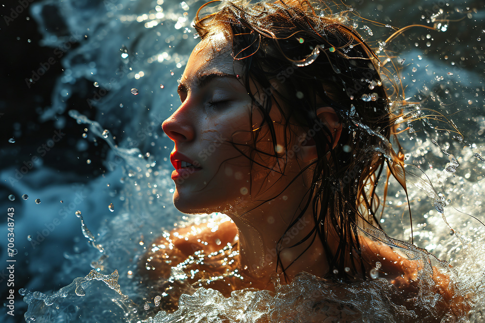 Obraz premium Athletic female figure surrounded by splashes of water, close up portrait, sunlight, concept of variability, freedom, energy, freshness.
