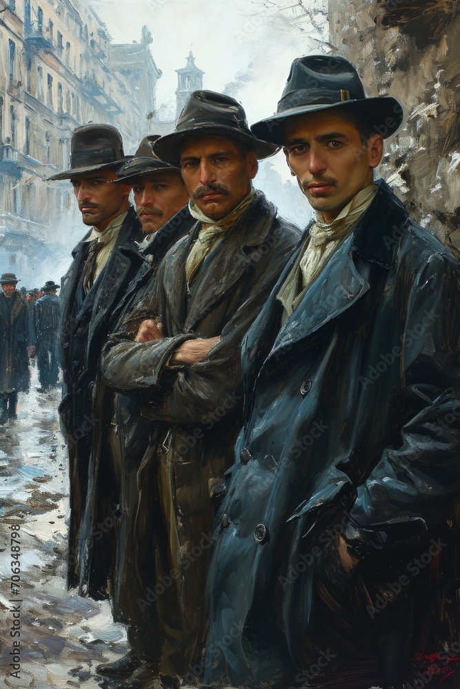 Illustrate a compelling 1900s mafia group study in oil paint, using cinematic techniques to enhance the atmosphere of danger and suspense.