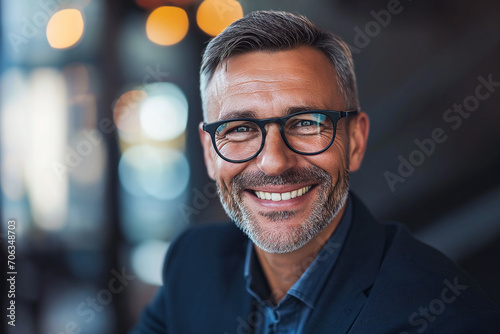 A Head shot Portrait of a Smiling 45-Year-Old Banker, a Happy Middle-Aged Business Man and Bank Manager. This Mid-Adult Professional, CEO, and Executive in His Office Exudes the Confidence © Benasi Tharanga