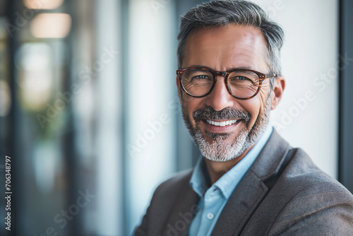 A Head shot Portrait of a Smiling 45-Year-Old Banker, a Happy Middle-Aged Business Man and Bank Manager. This Mid-Adult Professional, CEO, and Executive in His Office Exudes the Confidence