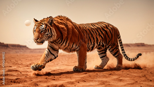 Portrait of lonely tiger walking on planet mars