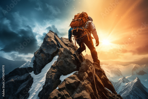 A Close-Up of a Mountain Climber Scaling a Steep Peak, Symbolizing the Grit and Challenges Inherent in Ambitious Goals, Where Every Ascent Demands Courage and Determination photo