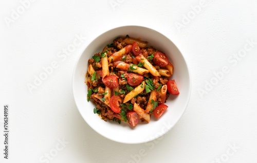 Bowl of bolognese penne pasta with minced meat, tomatoes and greens
