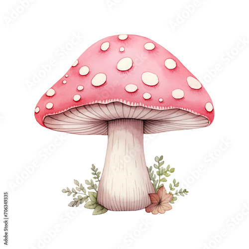 Red mushroom decorated with leaves. Watercolour clipart. Watercolor illustration. Generative AI