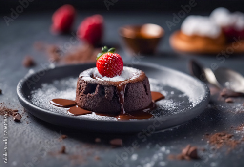 Dolce Estasi- Tortino al Cioccolato Caldo e Sciolto su Piastra in pietra, Dettaglio Ravvicinato. Spazio per il Testo, Alta Risoluzione