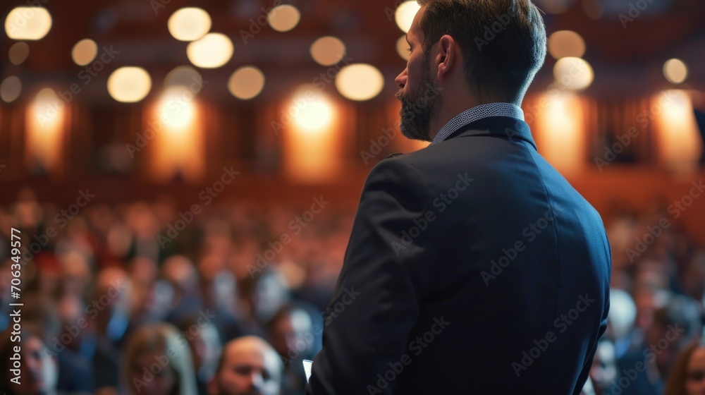 A professional man wearing a suit stands confidently in front of a crowd. Perfect for business presentations and public speaking events A professional man wearing a suit stands confidently in front of a crowd. Perfect for business presentations and public speaking events