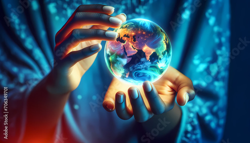 Main de femme Saisissant un Globe Terrestre idéal pour articles sur le climat, la terre, l’environnement, la technologie, l'écologie, l'espace, l'univers