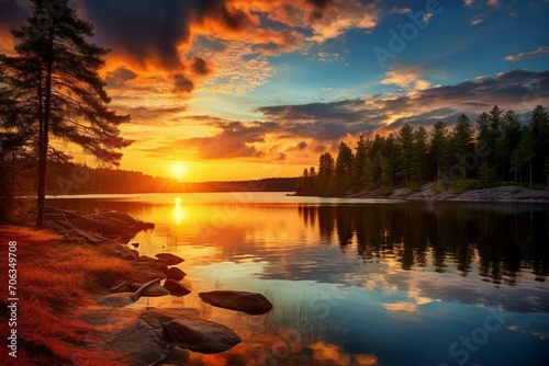 A beautiful sunset reflecting on the calm lake. Generative AI