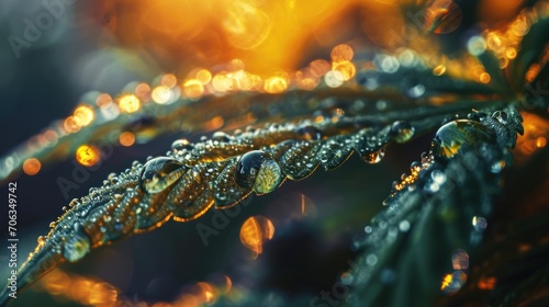 Water droplets glisten on the leaves of a plant, creating a refreshing and vibrant image. This close-up photograph captures the natural beauty of water in nature.