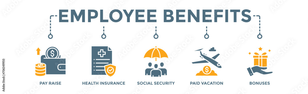 Obraz premium Employee benefits banner web icon vector illustration concept with icon of pay raise, health insurance, social security, paid vacation and bonuses