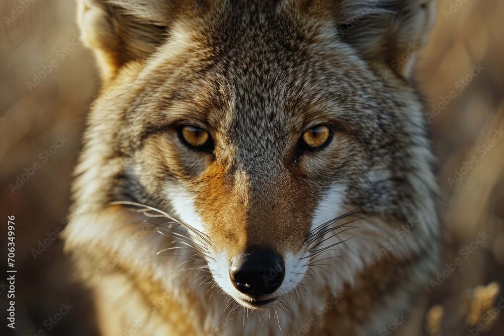 A close-up shot of a coyote looking directly at the camera. Perfect for nature and wildlife enthusiasts.