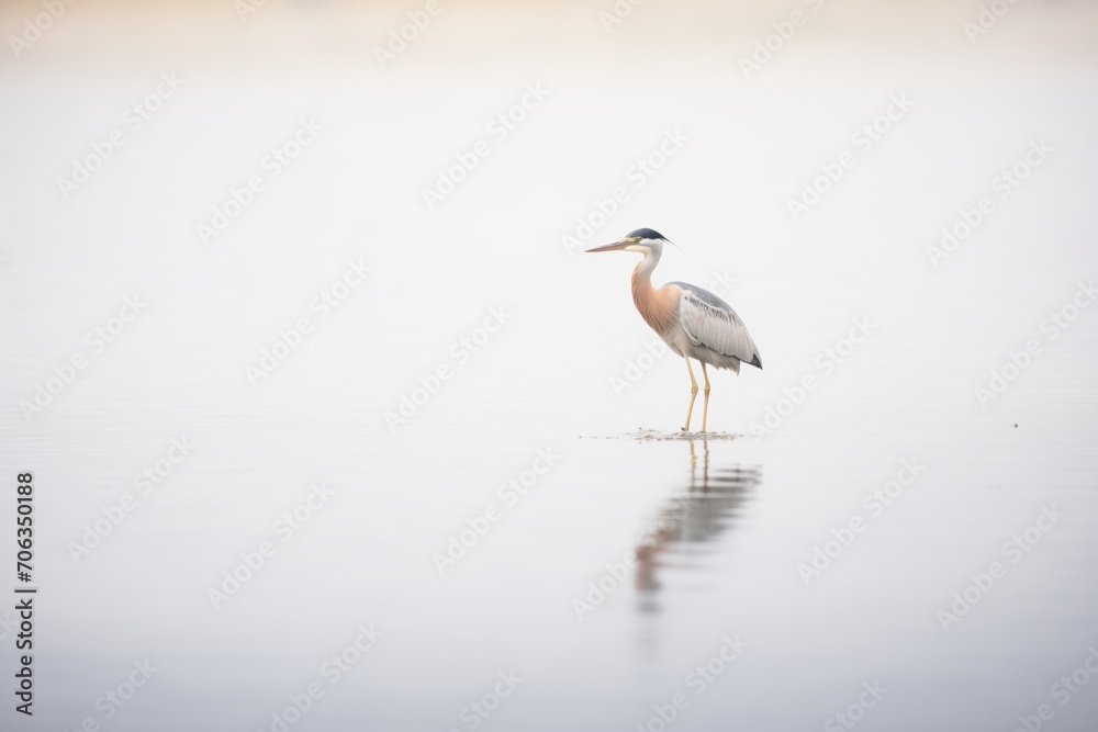heron standing still in shallow, foggy lake waters heron standing still in shallow, foggy lake waters