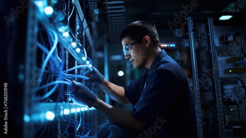 A technician is repairing a LAN cable in a data center rack