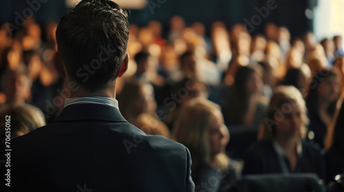 A man confidently stands in front of a large crowd. Perfect for business presentations or motivational content