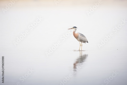 heron standing still in shallow, foggy lake waters