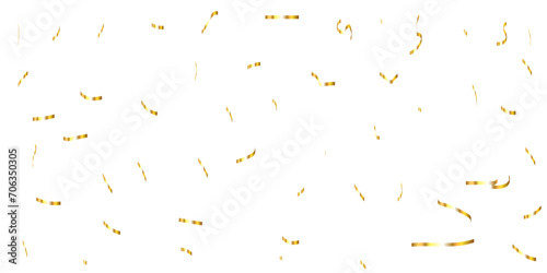 Luxury gold sparkle confetti glitter and zigzag ribbon falling down on transparent background.
