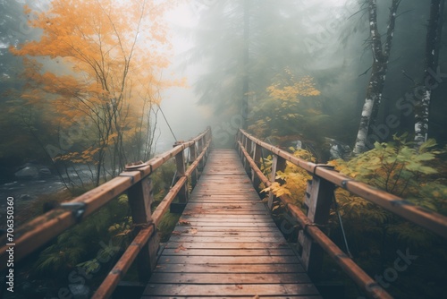 foggy forest scene with a narrow wooden bridge © Natalia