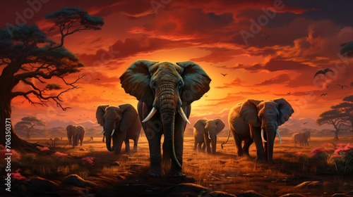 Large group of African safari animals composited together in a scene of the grasslands of Kenya