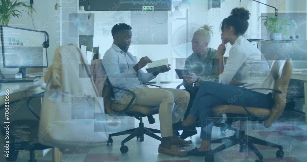 Animation of data processing over diverse colleagues discussing work in office Animation of data processing over diverse colleagues discussing work in office