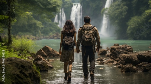 Northern Vietnam, the famous Ban Gioc Waterfall. Situated on the Vietnamese - Chinese boarder. A couple walks near the falls photo