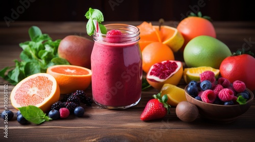 Fresh fruit smoothie juice in a glass of jar decorated with slices of orange, lychee, strawberry, bilberry.