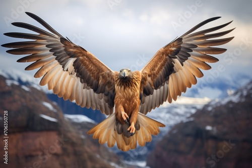 golden eagle with spread wings in mountain pass photo