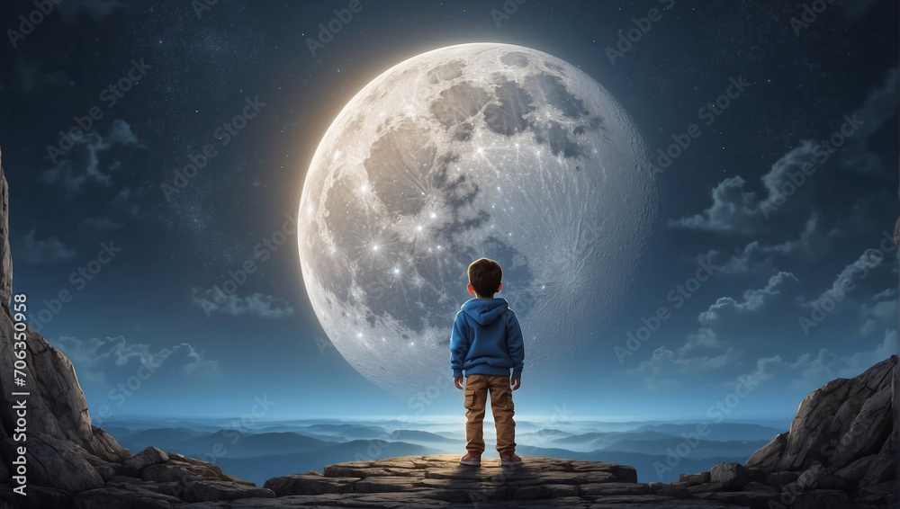 A boy standing and looking at moon