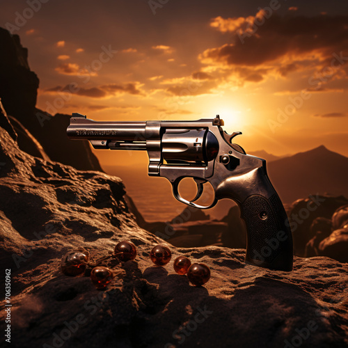 A revolver sits on top of a rock