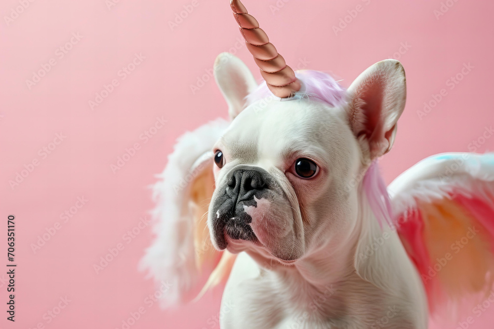 White french bull dog wants to be a unicorn, wears fake horn and fake wings, pastel pink background, close up