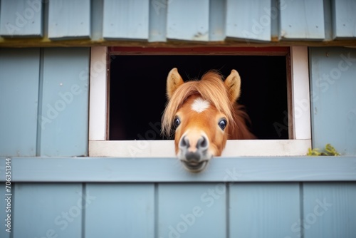 shetland pony peeking from a low stable window