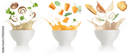 Set of creamy soups splattering. Champignon, pumpkin and onion falling into soup bowls splashing on white background.