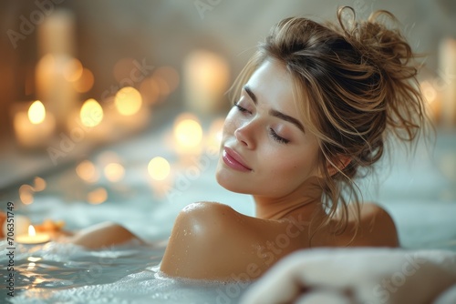 Young girl, beautiful skin, skin care, rejuvenation, immunity, beauty and health of the body, spa treatments, taking a bath with foam and candles, romance