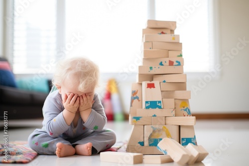 toddler crying over a toppled block tower photo