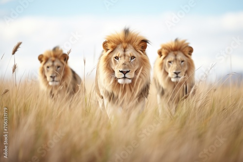 trio of lions on patrol in grasslands