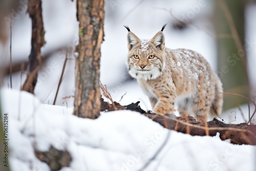 lynx on the hunt, camouflaged in snowy woods