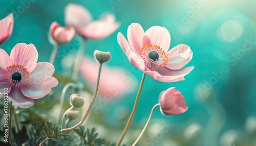 Pink flowers of anemones in summer spring close-up on turquoise background with soft selective focus © Loliruri
