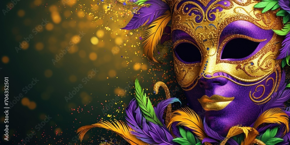 A close up of a purple and gold mask. Mardi Gras background with purple, green and golden colors.