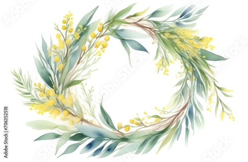 Easter wreath of willow branches and mimosa branches on a white background. Illustration watercolor style in pastel colors