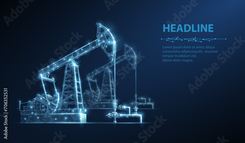 Oil pump on blue. Digital extraction, Gas market, Well drilling, Petroleum production photo