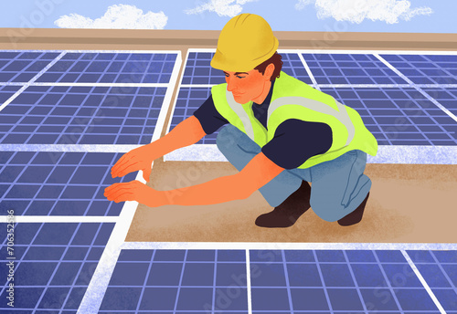 Male engineer installing solar panels on roof
