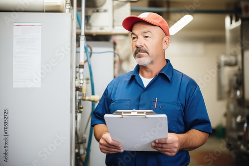 repairman with clipboard filling out service form