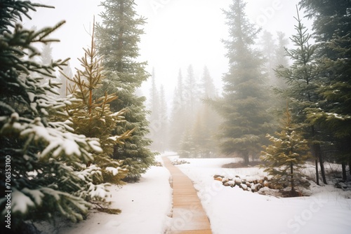 snowy path with pine trees fading into fog