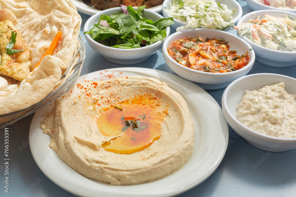 Still life Israeli meze hummus and appetizers
Still life Israeli meze hummus and appetizers