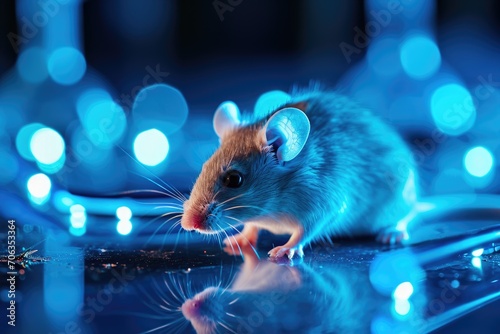 A mouse sitting on top of a table covered in blue lights. Laboratory animal, testing model for research.