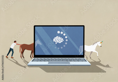 Man transforming horses into unicorns through laptop screen
 photo