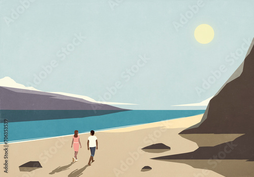 Couple walking on sunny, remote beach
 photo