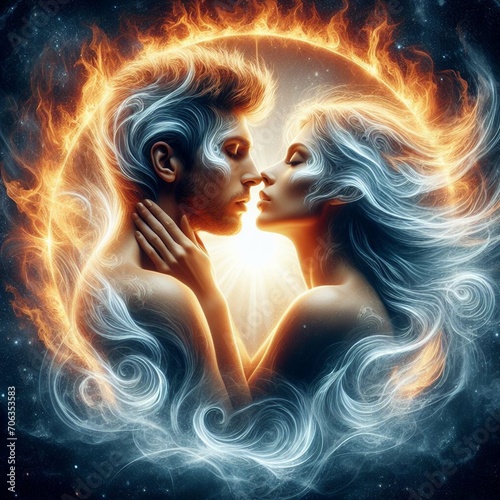 Twin flame couple. Soulmates. The concept of magical, esoteric, tantric, spiritual love. Connection between souls. Illustration for websites and much more. Created using generative ai tools.