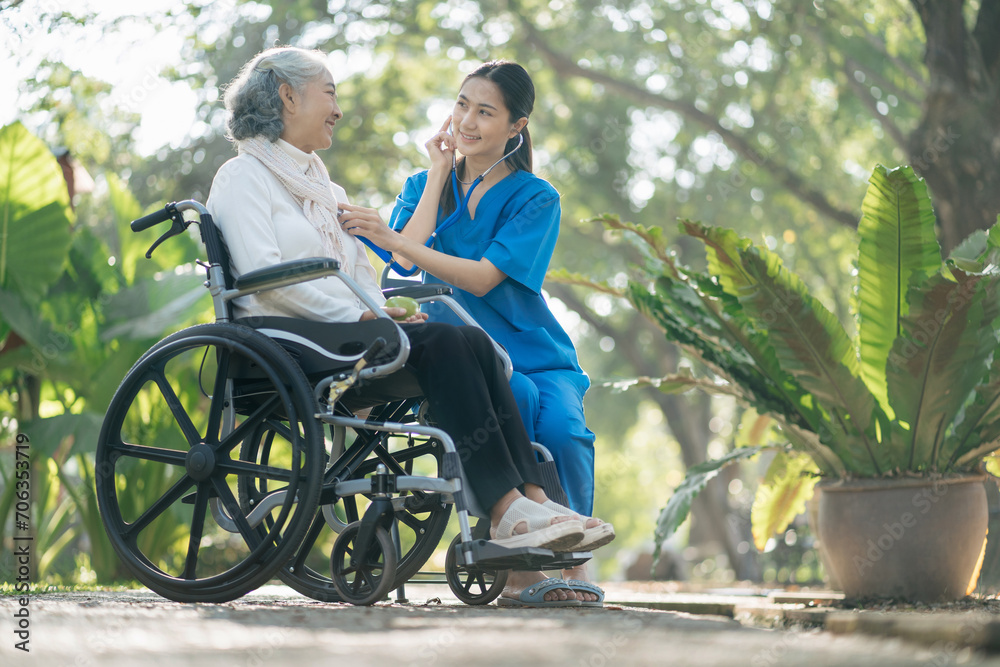 Doctor with stethoscope examining elderly patient with examination, presenting symptoms and recommending treatment, healthcare and medical concept. Doctor with stethoscope examining elderly patient with examination, presenting symptoms and recommending treatment, healthcare and medical concept.