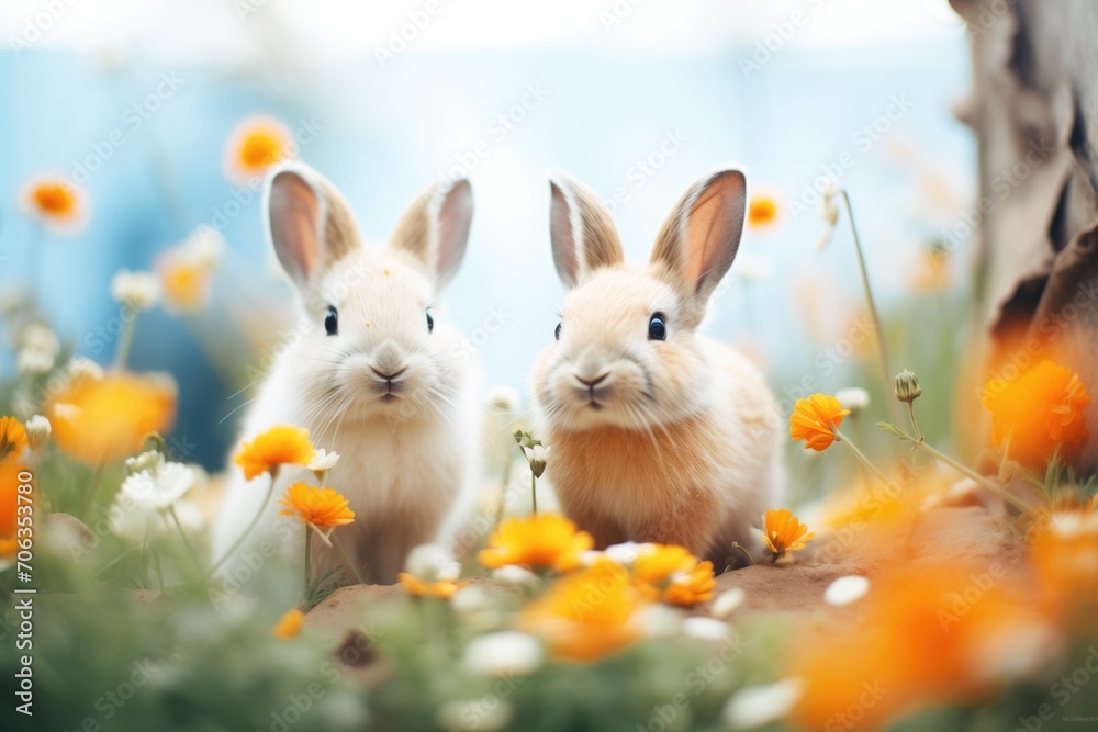rabbits surrounded by wildflowers in bloom