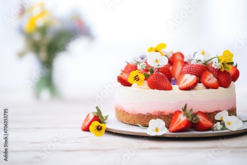 raw vegan strawberry cheesecake with full strawberries on the edge